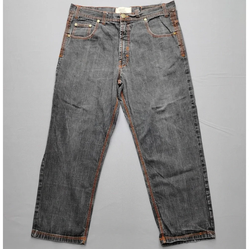 RR Mens Straight Leg Grey Denim Jeans Orange Stitch 42x32 Y2k Baggy